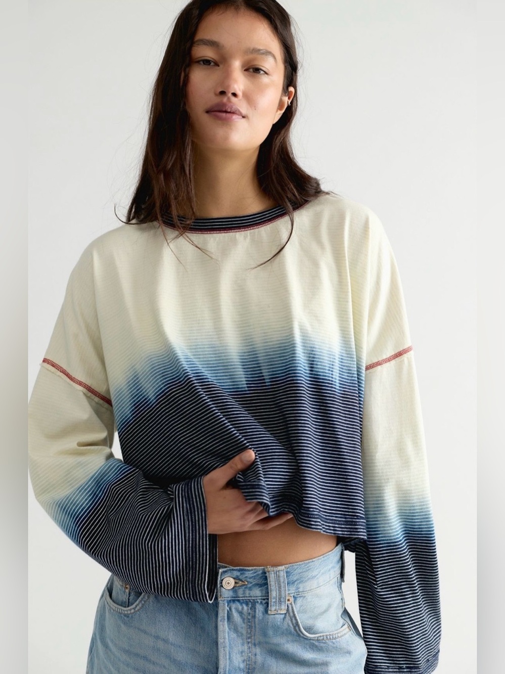 NWT FREE PEOPLE WE THE FREE INDIGO STRIPED LONG SLEEVE TEE INDIGO COMBO
